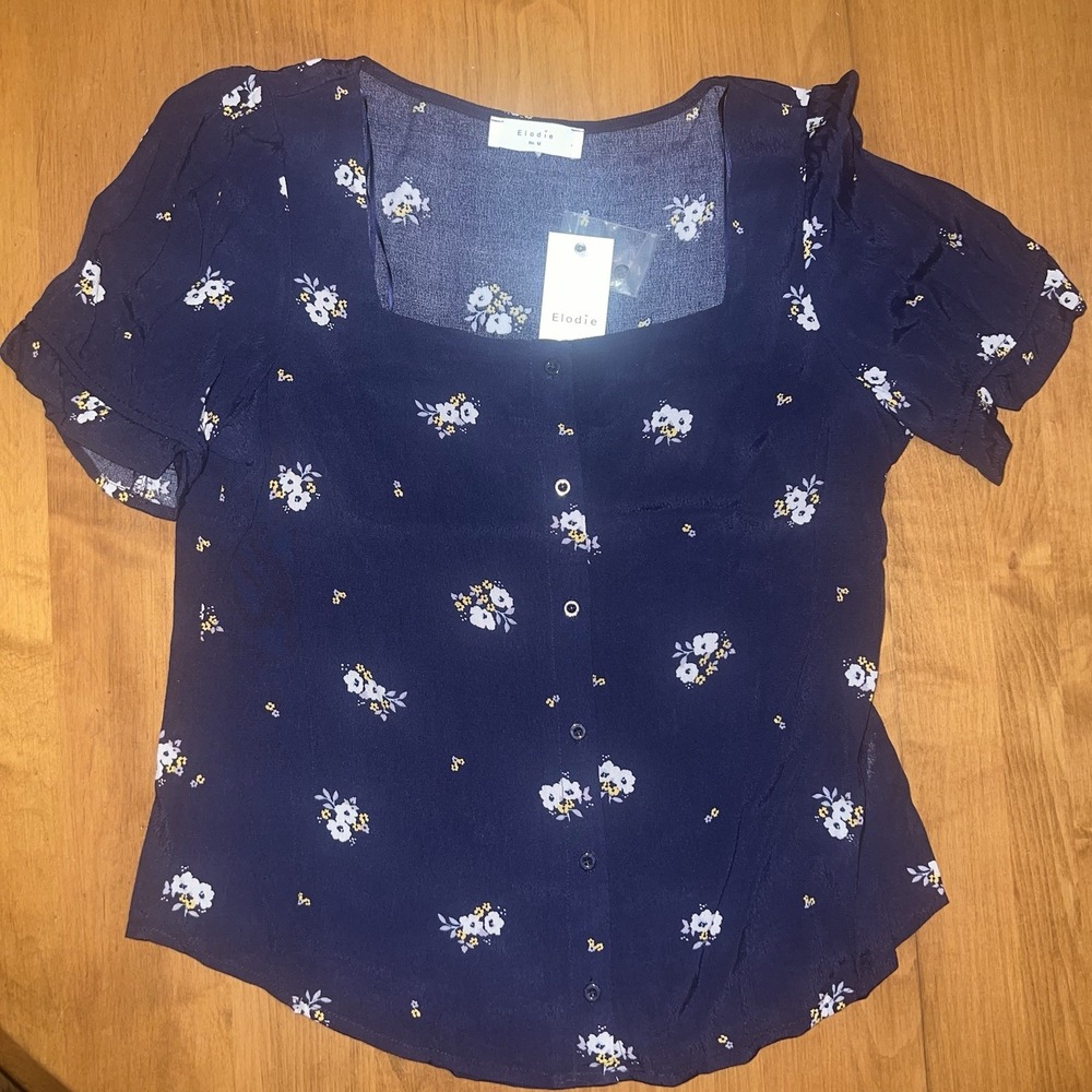 NEW Elodie Women's Size M Navy Blue Floral Puff Sleeve Shirt From Anthropologie - Picture 2 of 8